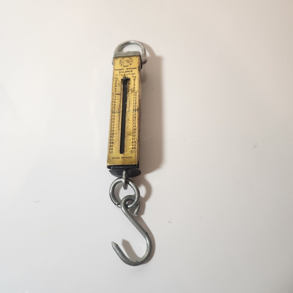 Vintage Handy Spring Balance Hanging Scale 50kg Brass Face Industrial Tool